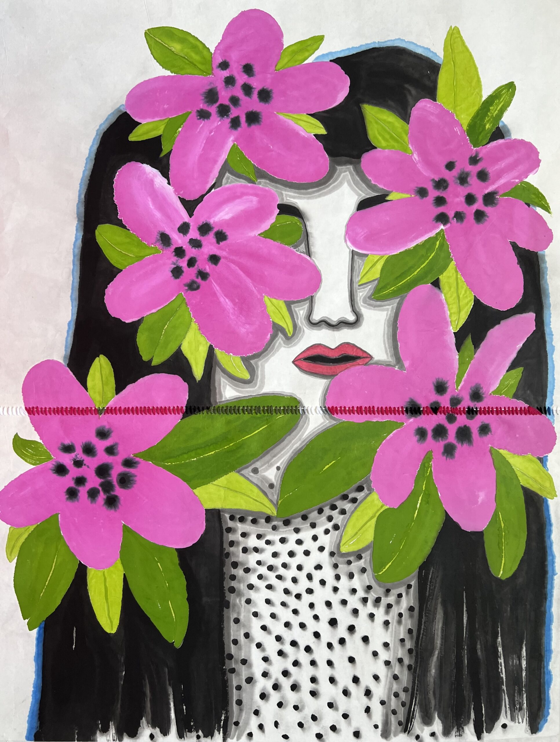 "Des fleurs dans les cheveux" Ink on Rice Paper by Juliette Lepage Boisdron