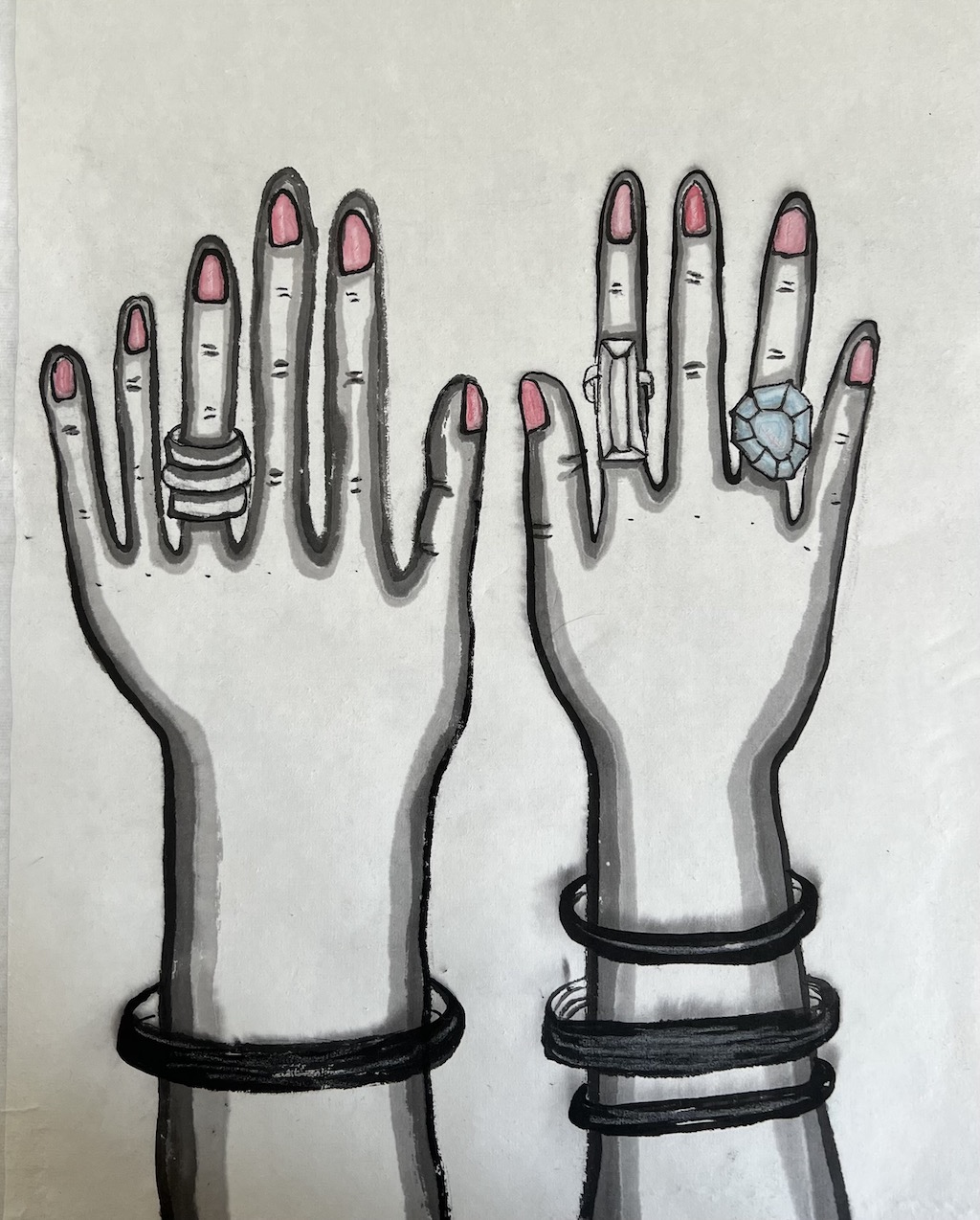 “Les mains en l’air” Ink on rice Paper 43 X 28 cm Juliette Lepage Boisdron
